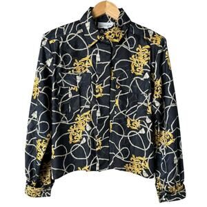 Vintage Pierre Cardin Black Gold Printed Button Up Blouse Cropped Long Sleeve, 6